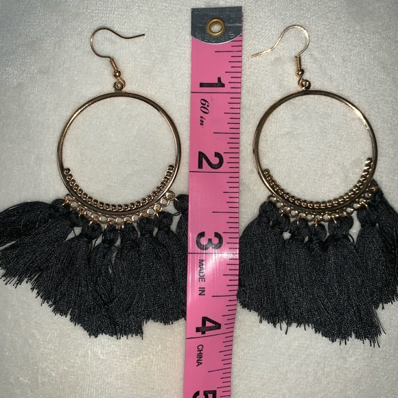 Gold hoop earrings w/ black tassels - Picture 3 of 4